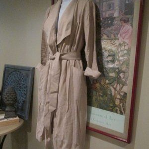 Long Belted Wrap Front Trench Coat Jacket Tan Beige Khaki Rayon Polyester size S